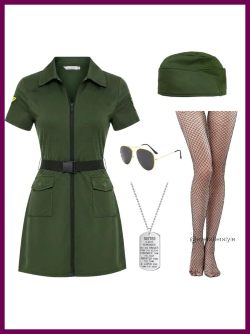 6PC Women Pilot Costume Flight Suit Dress Hat Belt Sunglasses Stockings Necklace